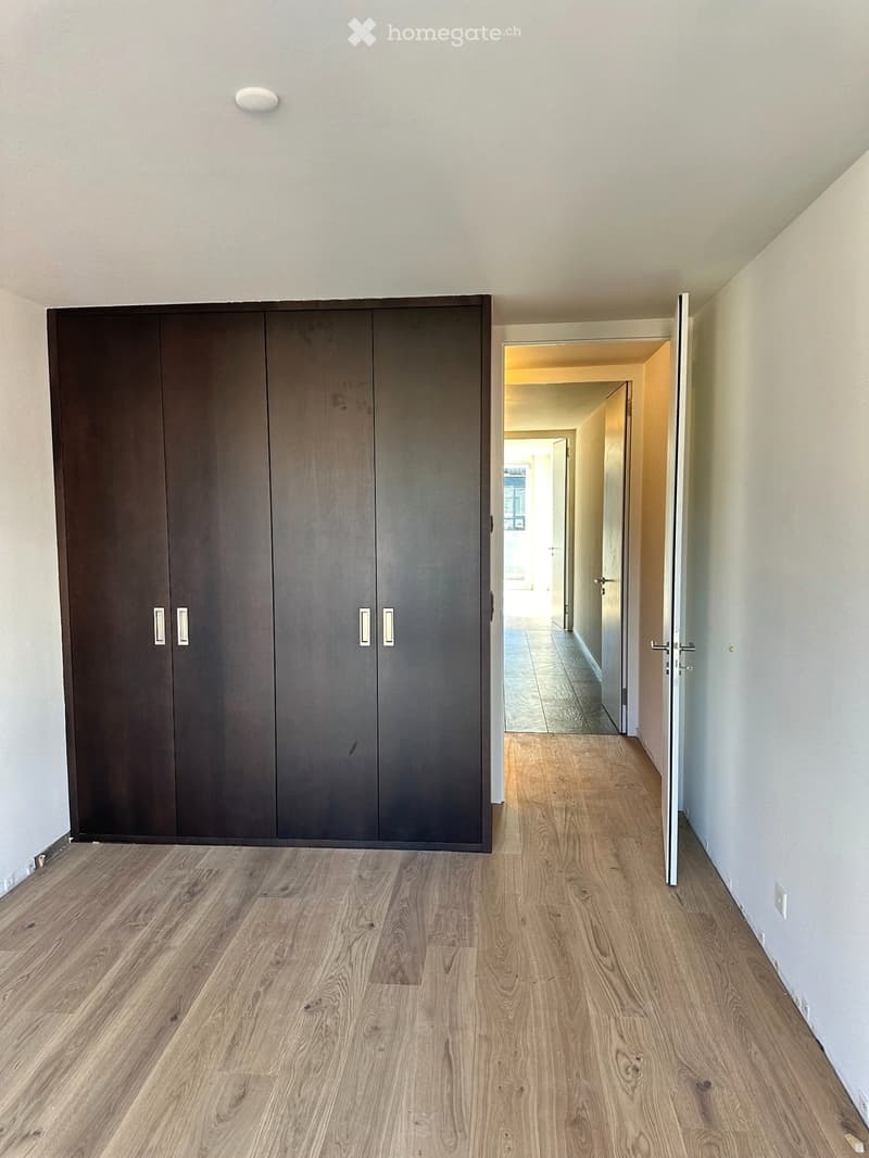 Empty hallway with light wooden flooring, white walls, and a large dark wooden closet on the left side. The hallway leads to another room with a visible tiled floor and a glimpse of a window.