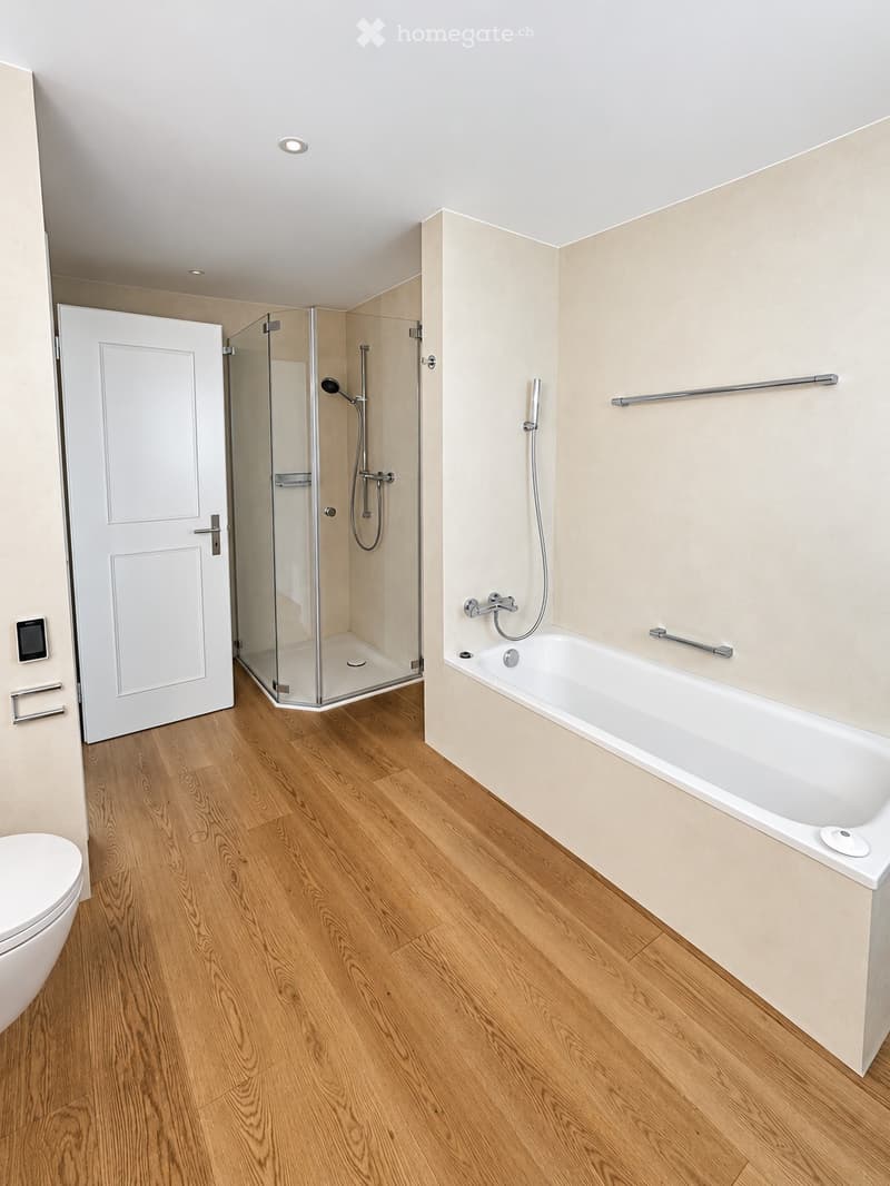 Modern bathroom with wooden flooring, a bathtub, a toilet, a glass-enclosed shower, and a white door.