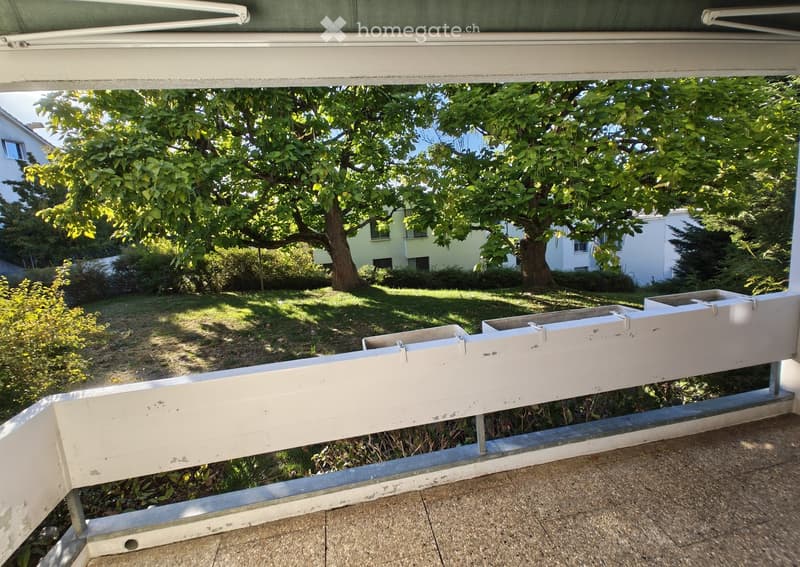 Balcony with white railing, overlooking a grassy garden area with trees and neighboring houses visible in the background.
