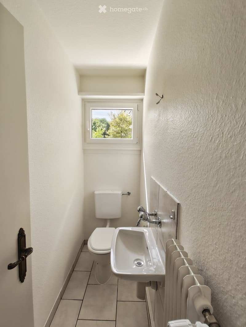 Small bathroom with white tiled walls, a toilet, a sink with a modern faucet, and a radiator on the wall. A window provides natural light.