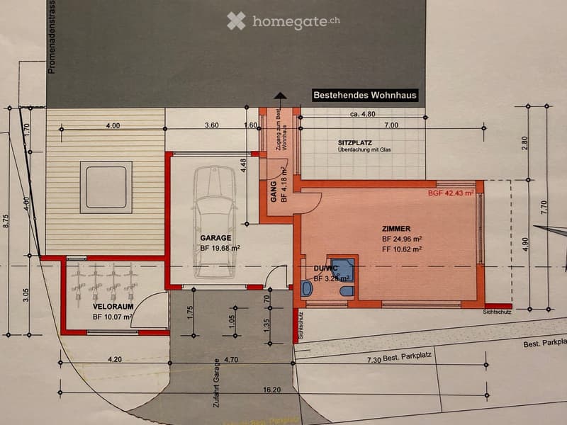 Floor plan showing a garage, bicycle room, existing house, and a seating area with glass roof. Includes dimensions and room labels.