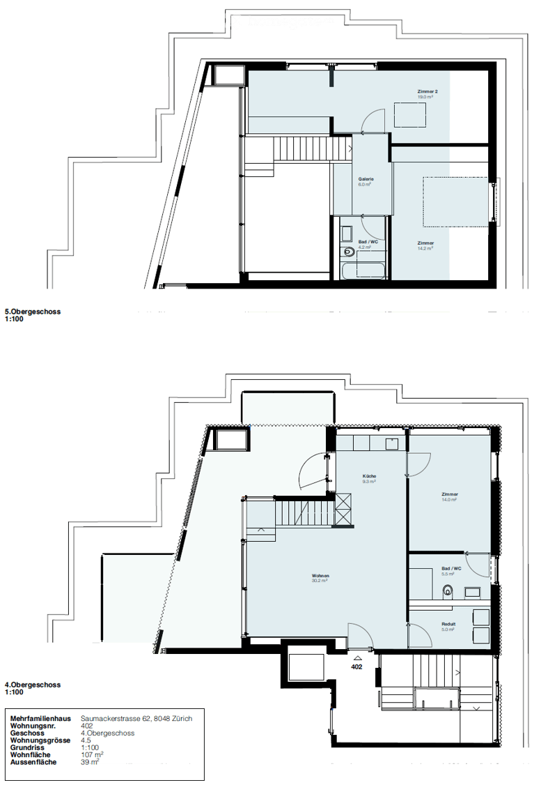 Floor plan of a 4.5-story multi-family house in Zurich, showing two apartments: one with a living area, kitchen, two bedrooms, and two bathrooms; the other with a living area, kitchen, two bedrooms, and two bathrooms.