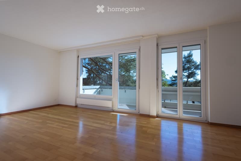 Empty room with wooden flooring, large sliding glass doors leading to a balcony, white walls, and a radiator under one window.