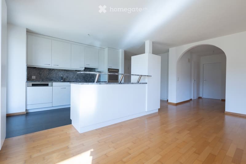 Modern kitchen with white cabinets, granite countertop, built-in oven, and dishwasher. Open floor plan with wooden flooring and an arched doorway leading to another room.