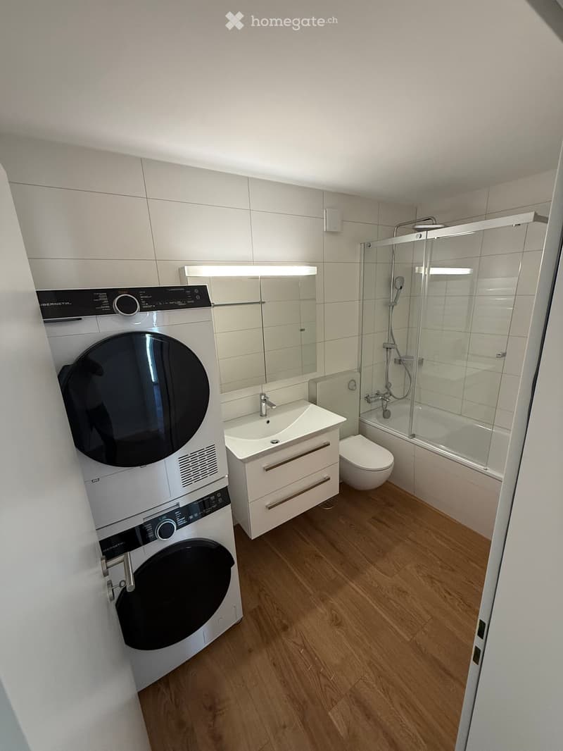 Modern bathroom with wooden flooring, white tiles, a washing machine, a sink with a mirror, a toilet, and a glass-enclosed shower.