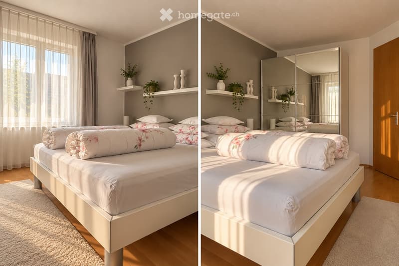 Modern bedroom with a white bed, floral blanket, pillows, shelves with vases and plants, and a large mirror on the wall.