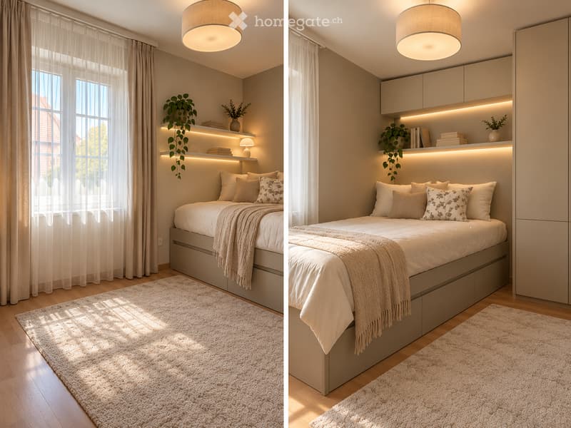 Modern bedroom with a large bed, pillows, blanket, and a soft rug. Features built-in wardrobe, shelves with plants and books, and a table lamp. Large windows with sheer curtains allow natural light to fill the space.