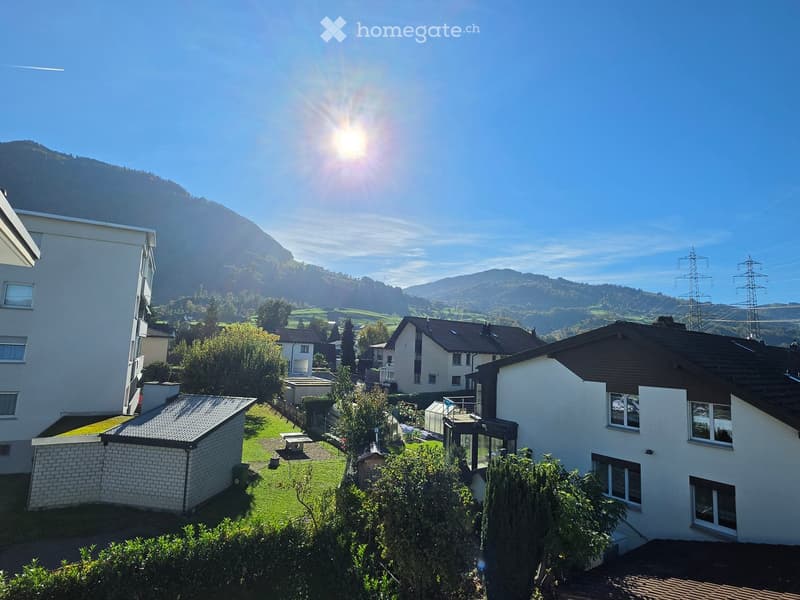 A peaceful residential area with houses, green lawns, trees, and a scenic mountain backdrop under a clear blue sky.