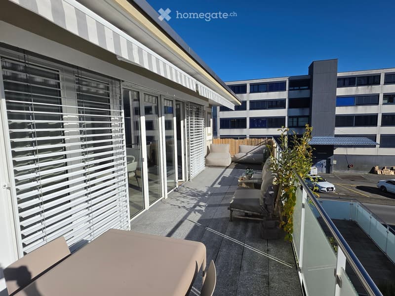 Balcony with modern furniture including a sofa, chairs, a small table, and a potted plant, overlooking a parking area with cars.