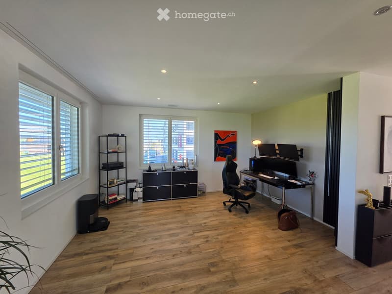 Modern office space with wooden flooring, large windows with blinds, a black office chair, desk with dual monitors, a floor lamp, a black shelving unit, and a cabinet.