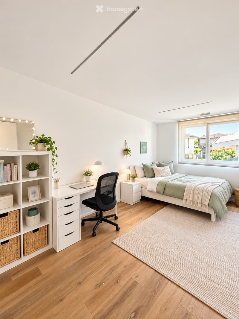 Bright, modern bedroom with a large bed, desk, and shelving unit. Features include a wooden floor, large window with a view, and decorative plants.