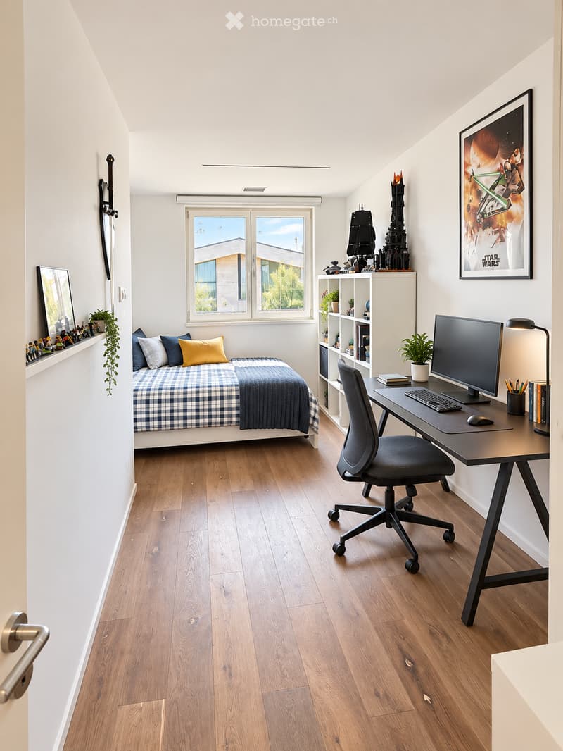 A modern, multi-functional room with a bed, desk, and shelving unit. The room features wooden flooring, large windows, and decorative items including a potted plant and artwork.