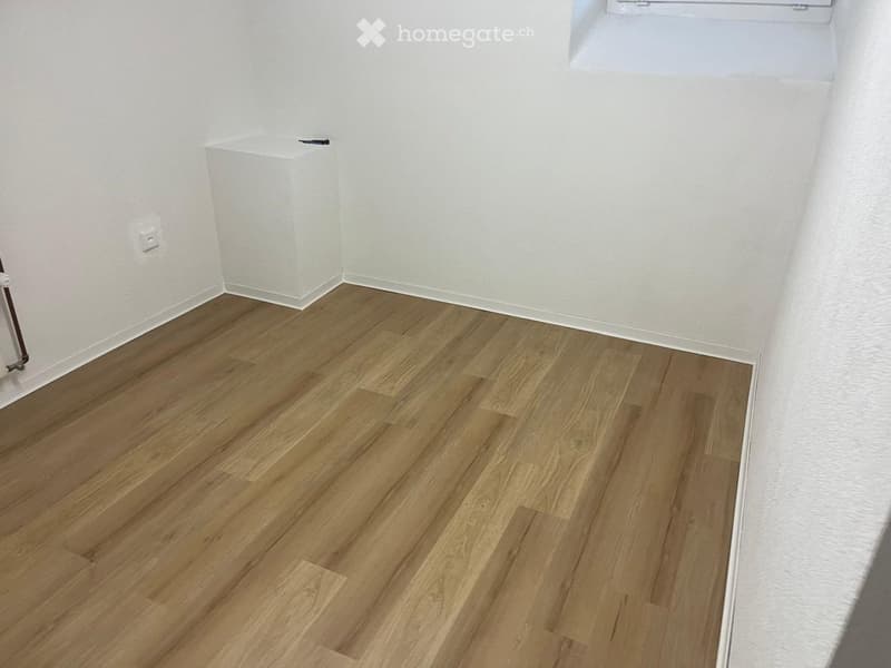 empty room, wooden floor, white walls, power outlet, small white shelf