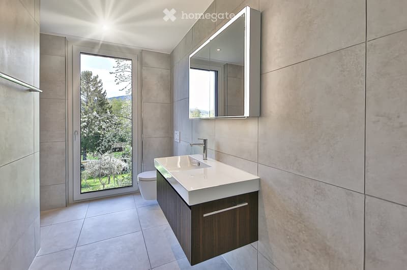 Modern bathroom with a white sink, dark wooden cabinet, mirror with built-in lighting, and a toilet. Large window offers a view of greenery outside.