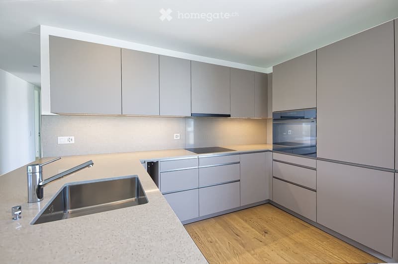 Modern kitchen with light grey cabinets, a central island with a sink and faucet, and built-in oven.