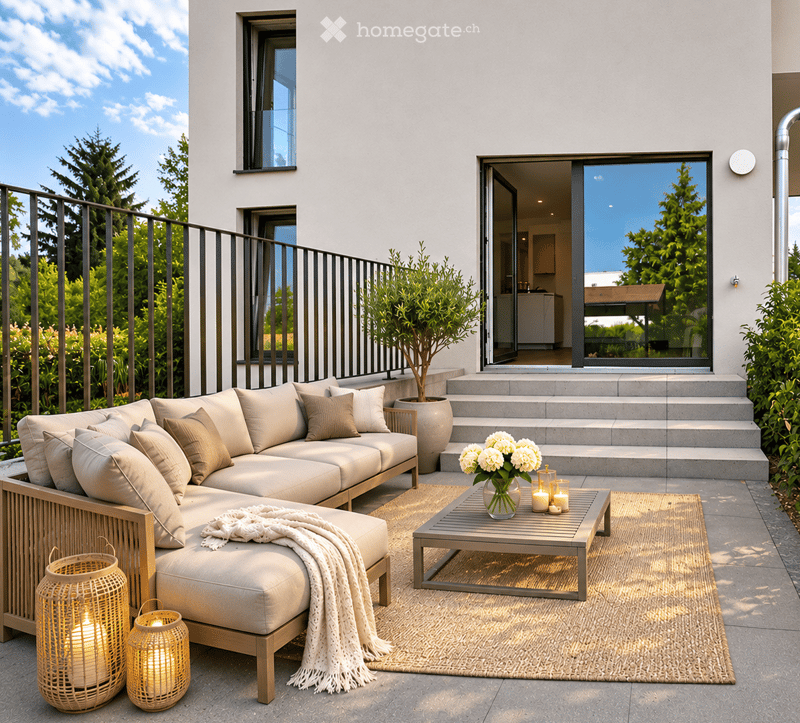 Modern outdoor balcony with a sectional sofa, coffee table, decorative lanterns, and potted plants, leading to a house entrance.