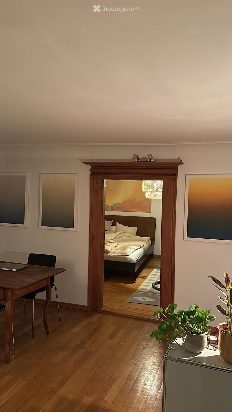 A modern, open-concept living and bedroom space with wooden flooring, a large mirror, a bed with pillows, a dining table with chairs, a laptop, and potted plants.