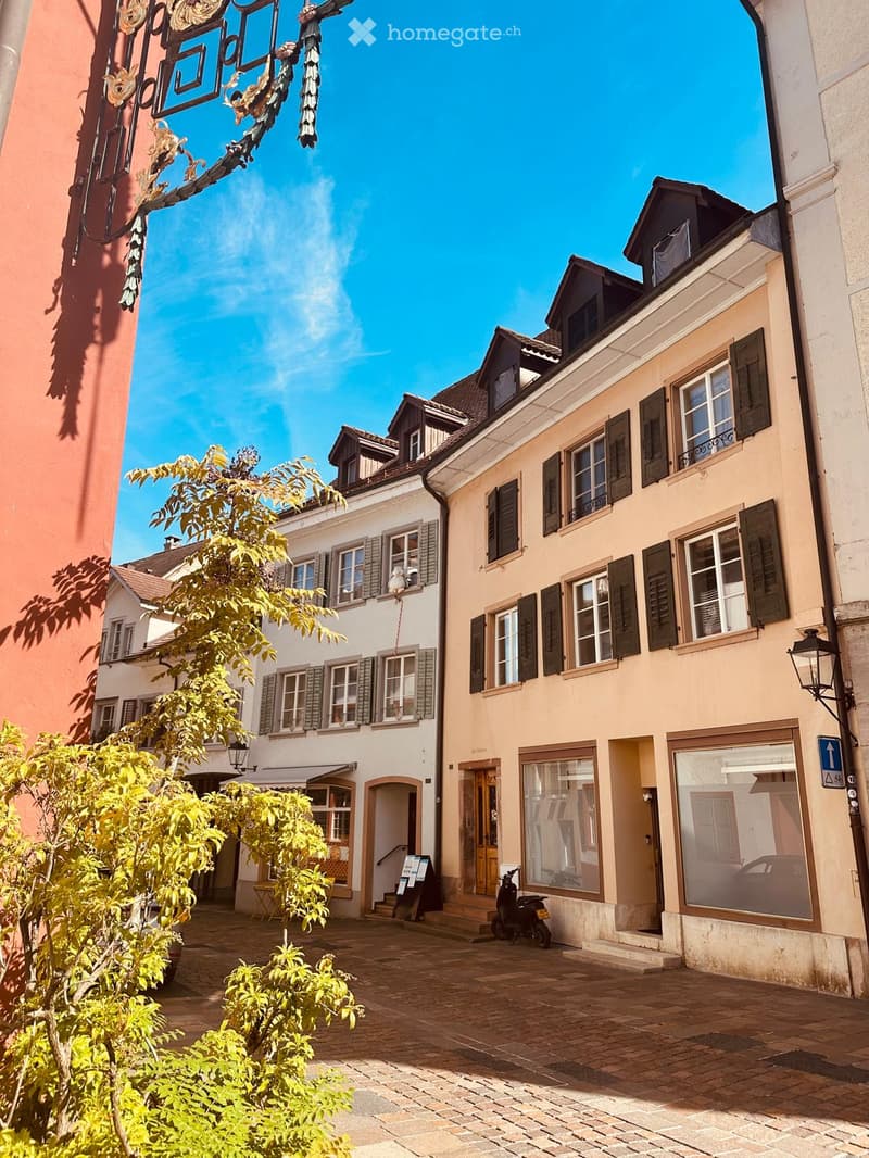 A charming European street scene with classic buildings, cobblestone pavement, and greenery. The buildings feature traditional architecture with shutters and pitched roofs.
