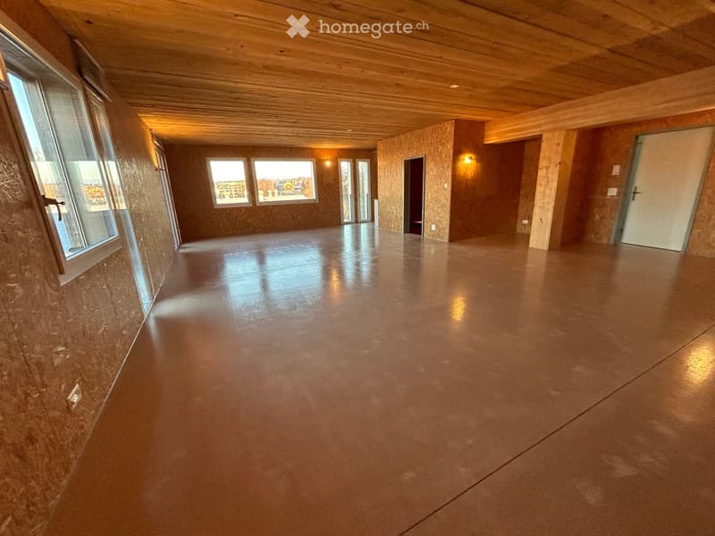 Empty room with polished concrete floor, wooden ceiling, and large windows. Bare walls and no furniture.