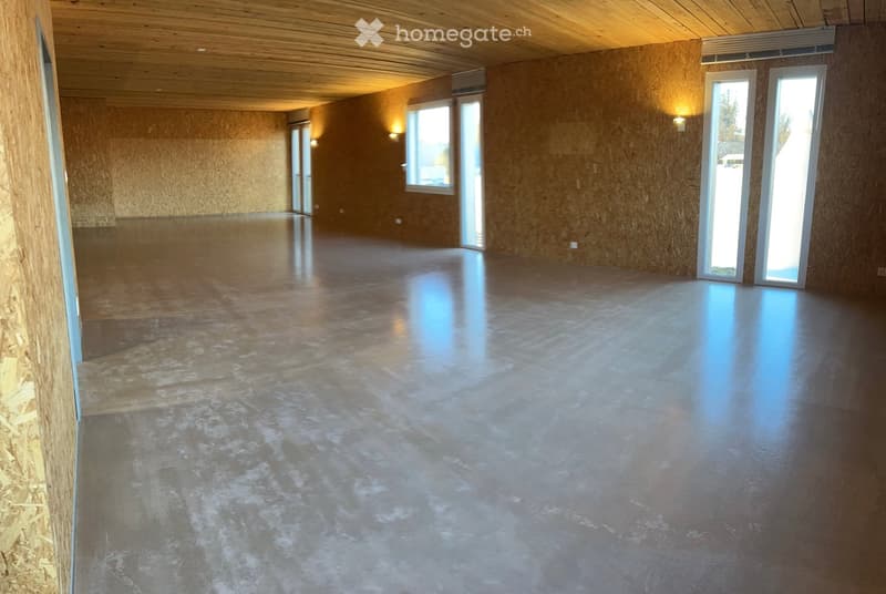 Empty room with bare walls, wooden ceiling, and polished concrete floor. No furniture or equipment visible.