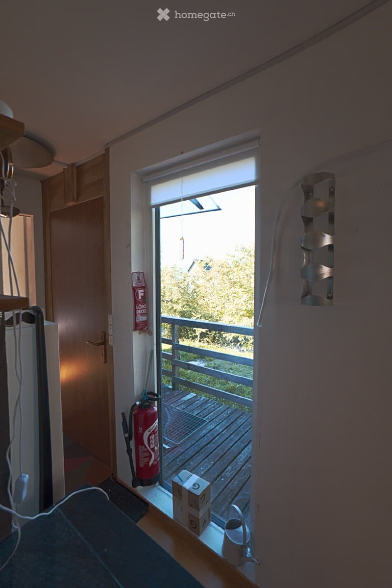 Balcony with wooden decking, metal railing, and a view of greenery. A fire extinguisher and a small box are placed near the entrance.