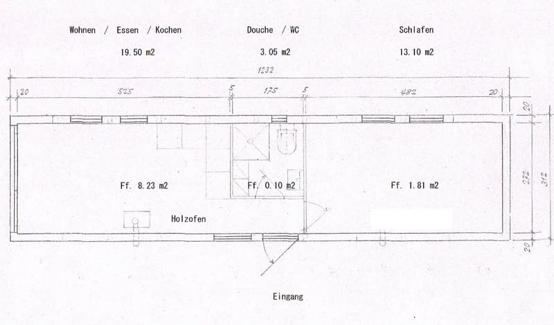 Floor plan showing a living/dining/kitchen area (19.50 m²), a bathroom/shower/WC (3.05 m²), a bedroom (13.10 m²), a hallway (8.23 m²), a small closet (0.10 m²), and a small storage area (1.81 m²). Includes a wood stove and entrance.
