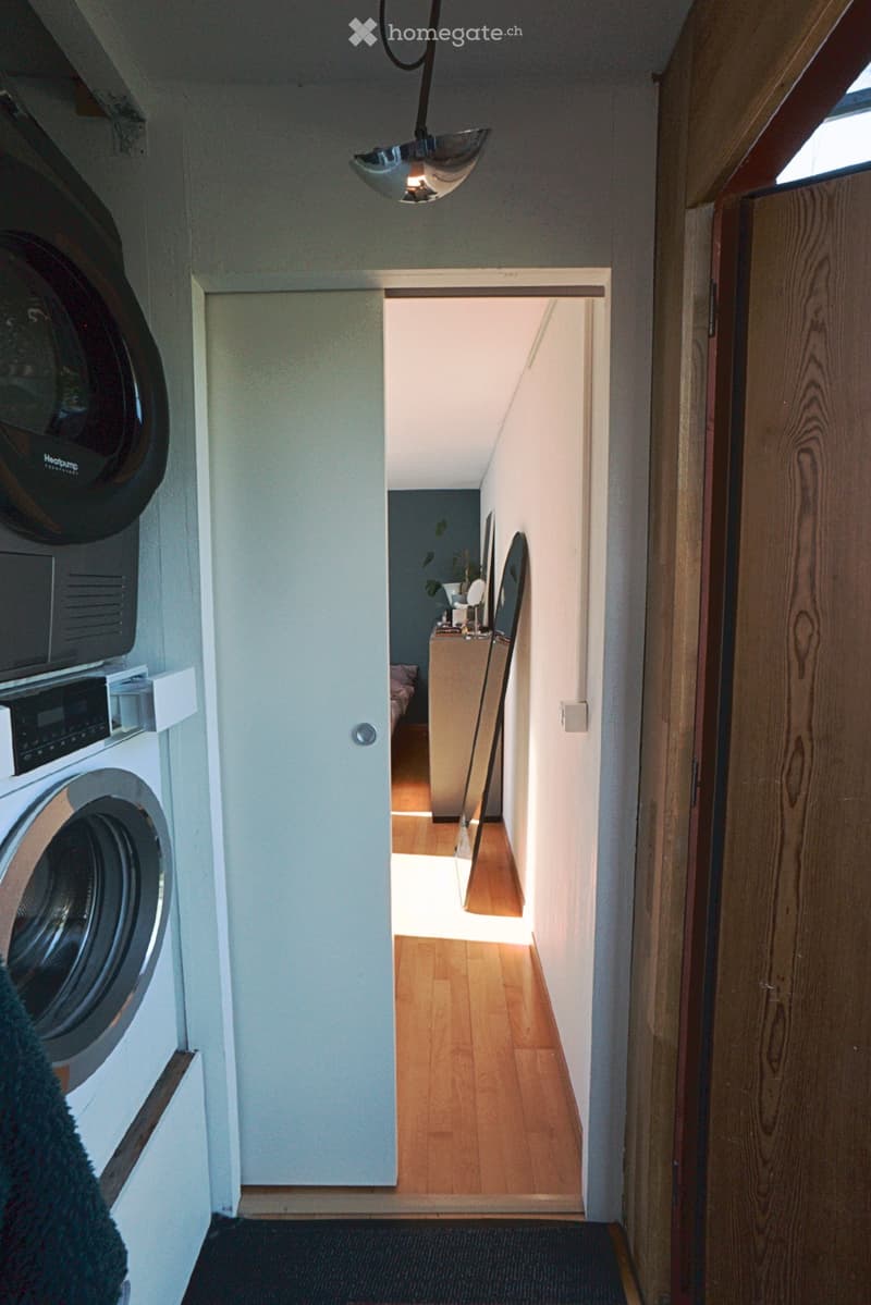 A narrow hallway with wooden flooring, white walls, and a ceiling light fixture. A washing machine is visible on the left, and an open doorway leads to another room with a small table and a plant.