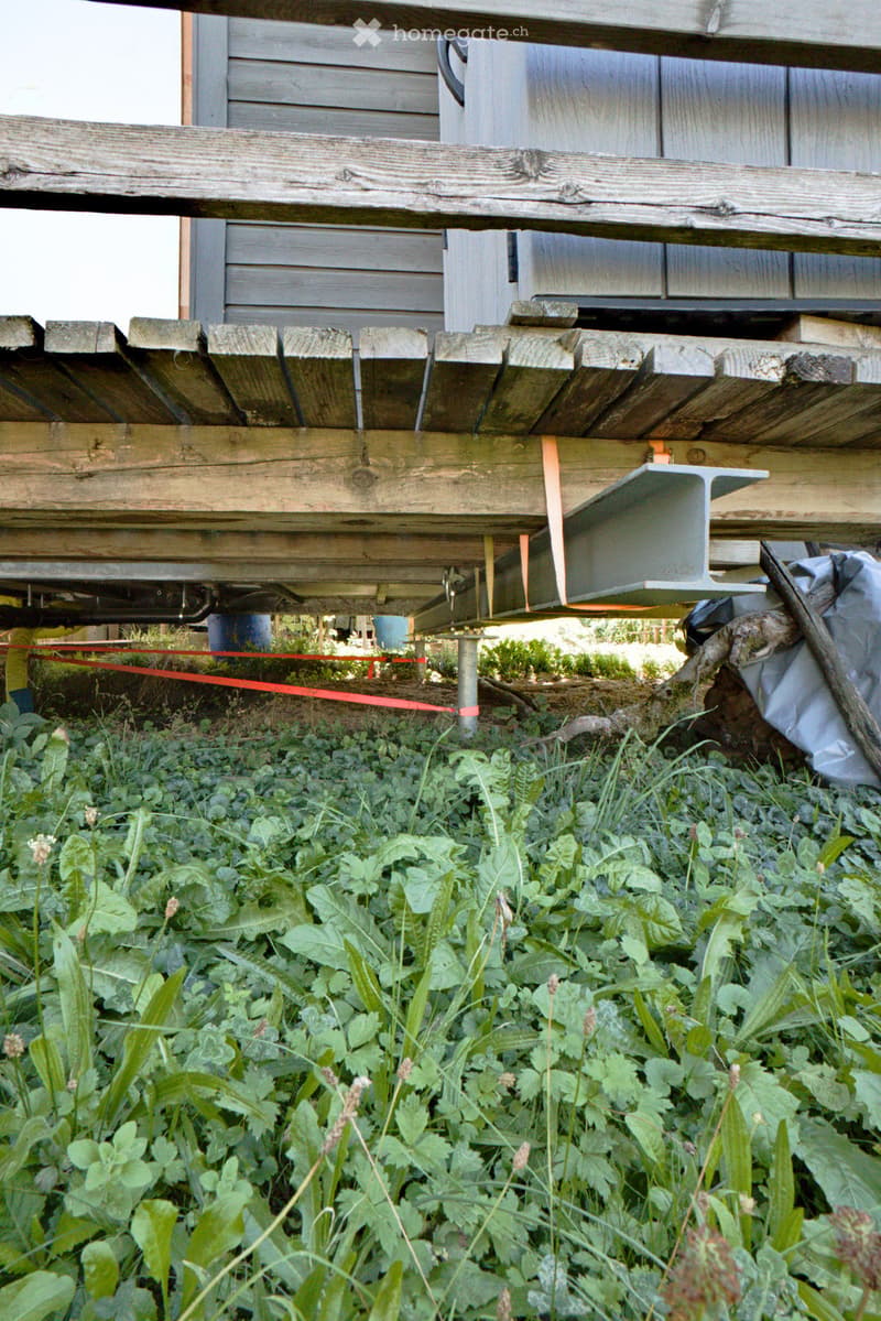 Raised ground floor of a wooden structure with visible supports and overgrown vegetation underneath.