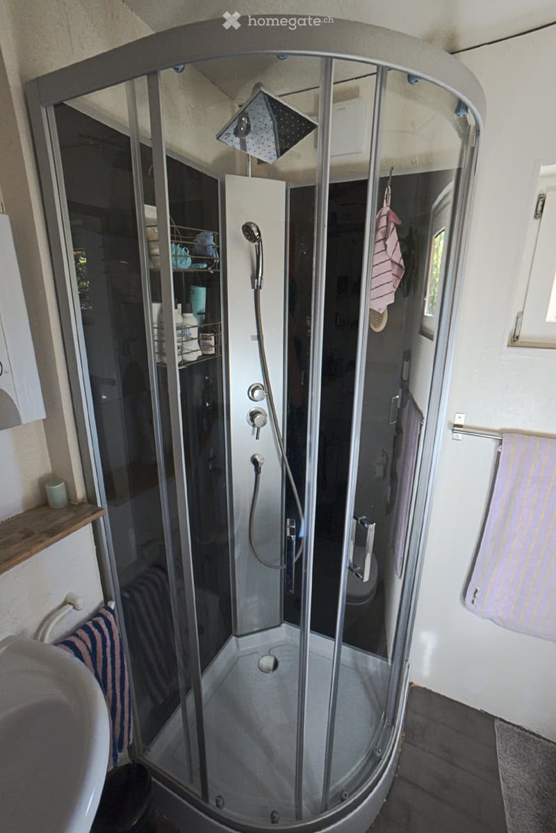 Modern bathroom with a glass-enclosed shower stall, towel racks, shelves holding toiletries, and a small wooden shelf with a cup.