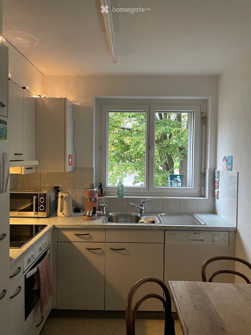 Modern kitchen with light-colored cabinets, stainless steel appliances, and a window overlooking greenery. Includes a microwave, coffee maker, sink, and a small dining area with a table and chairs.