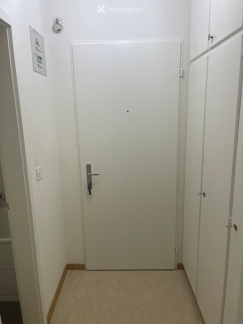 Empty hallway with white walls, beige carpeted floor, and a closed door with a silver handle and blue lock.