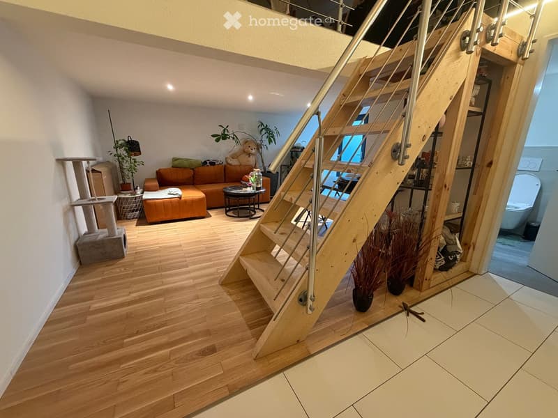 Modern living room with wooden flooring, a staircase leading to an upper level, a cat tree, a sofa, a coffee table, and a potted plant. A bathroom is visible in the background.