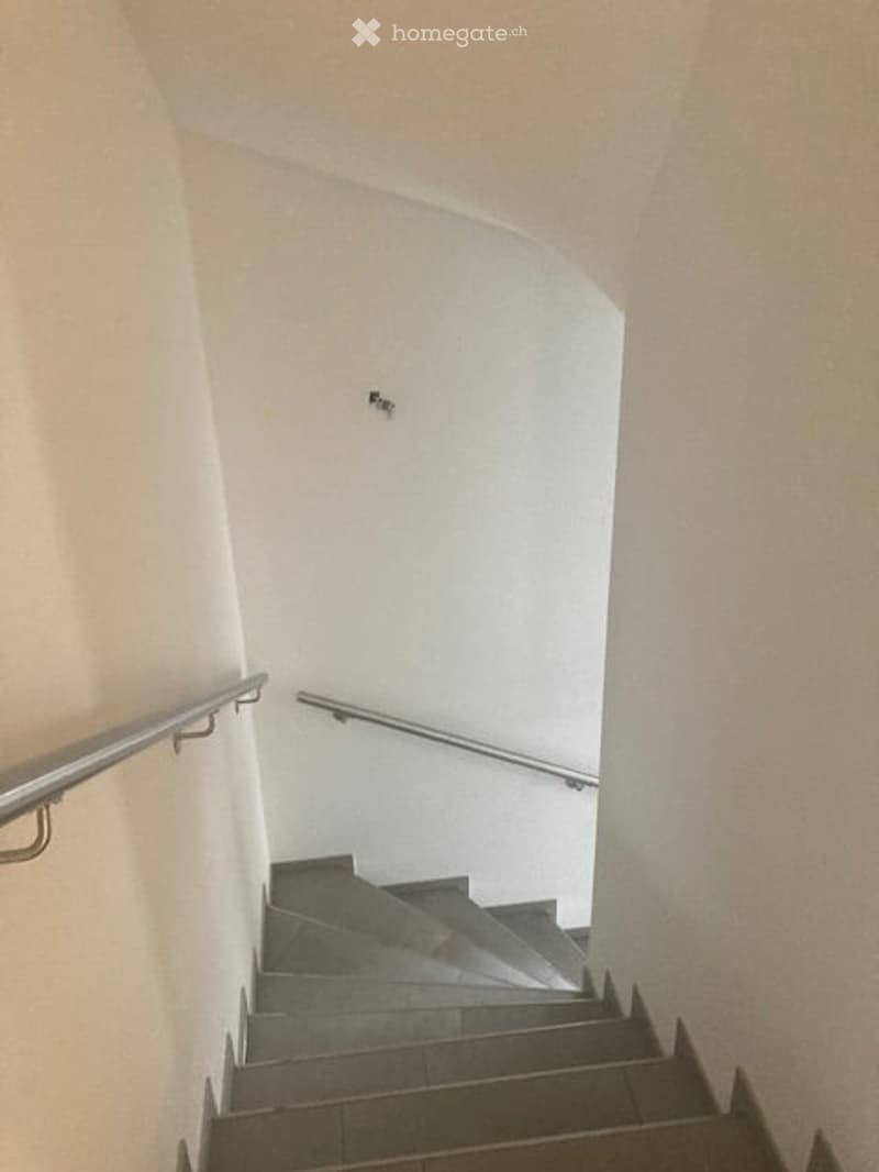 A narrow staircase with tiled steps and metal handrails, leading upwards in a residential setting.