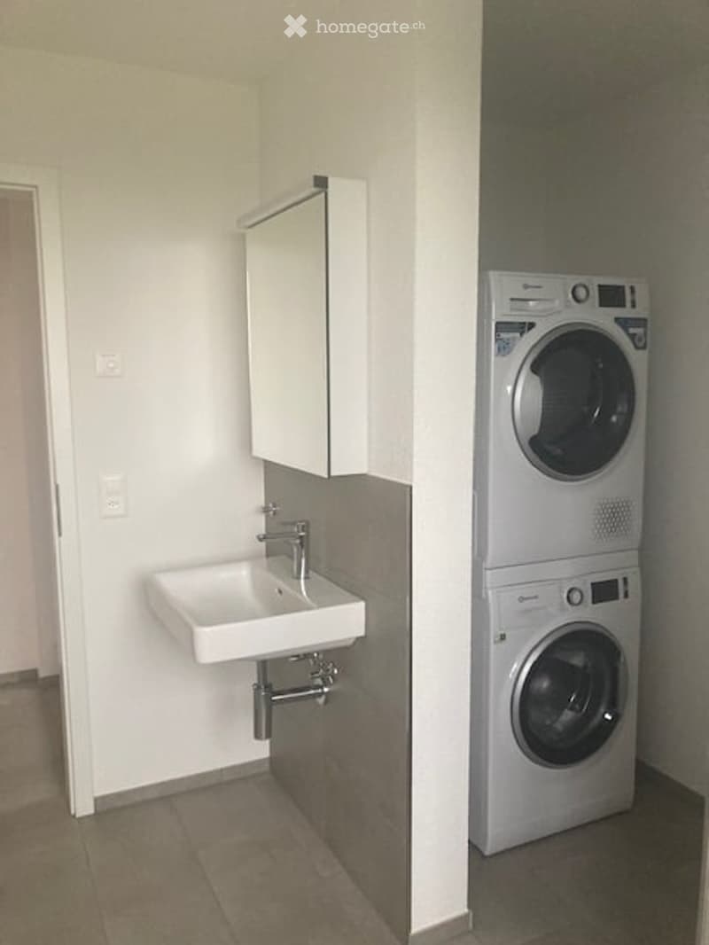 Modern bathroom with a white sink, mirror cabinet, and stacked washing machine and dryer unit.