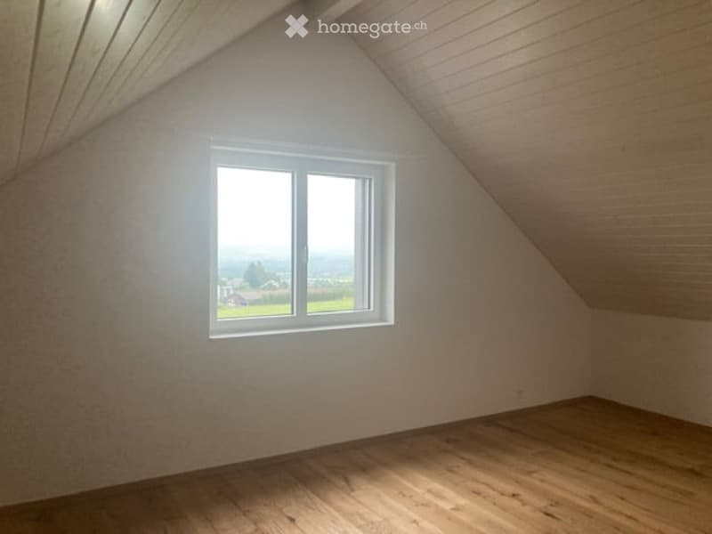 Empty attic room with wooden flooring, white walls, and a large window offering a scenic view of the countryside.