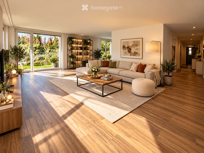 Modern living room with hardwood floors, large windows, a sectional sofa, coffee table, ottoman, floor lamp, and decorative shelves.