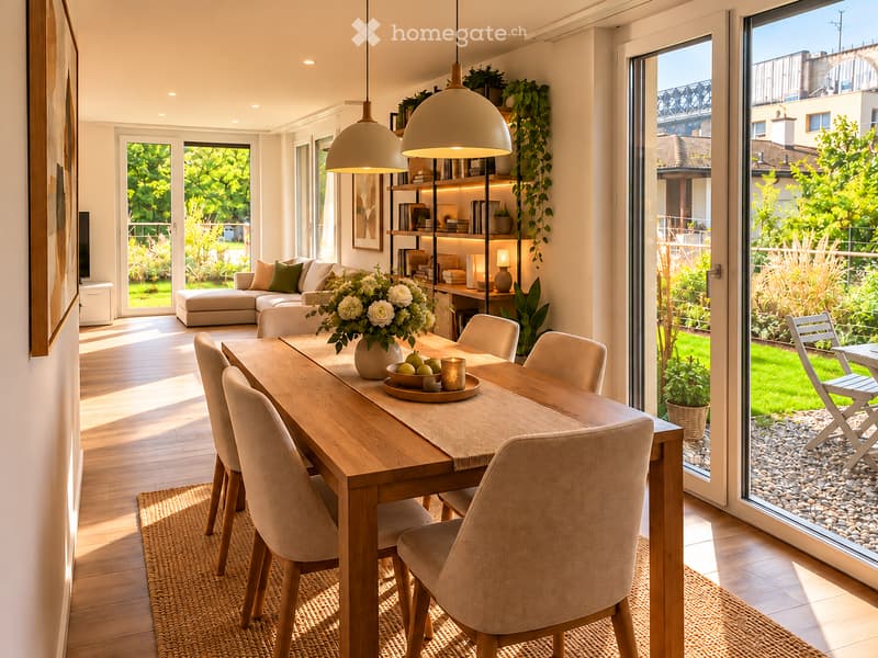 Bright, open-plan living and dining area with a wooden dining table, six chairs, a sofa, pendant lamps, and large windows overlooking a garden.