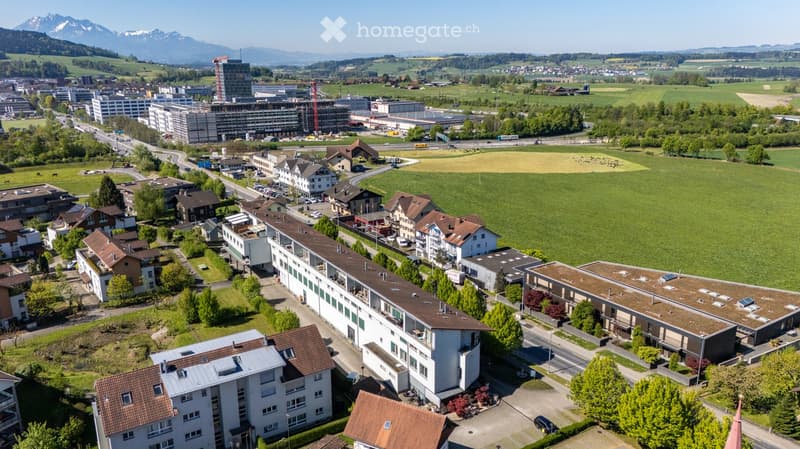 Aerial view of a suburban area with residential buildings, green spaces, and distant mountains.