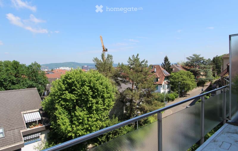 Balcony with metal railing overlooking a residential area with trees, houses, and a distant view of mountains and a construction crane.