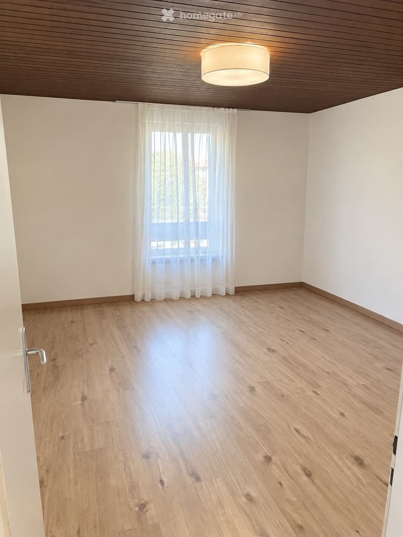 Empty room with light wooden flooring, white walls, and a large window with sheer curtains. A modern ceiling light fixture is mounted on the wooden ceiling.