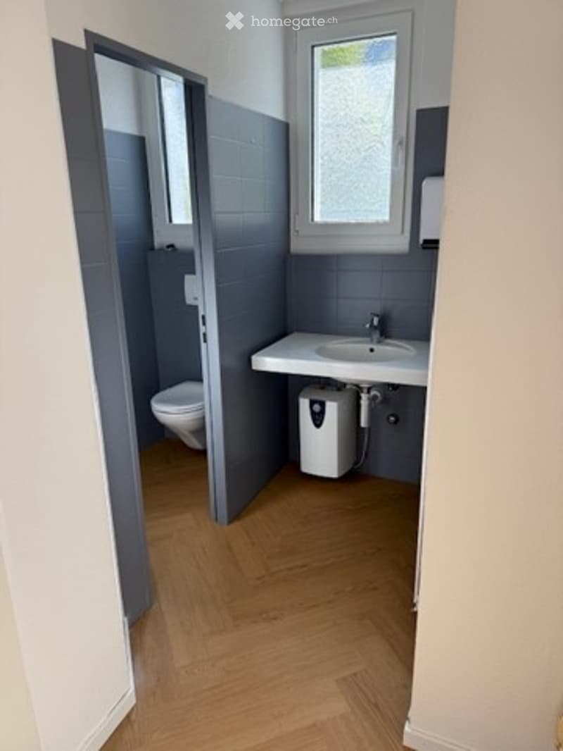 Modern bathroom with grey tiled walls, wooden floor, sink, toilet, and shower area.