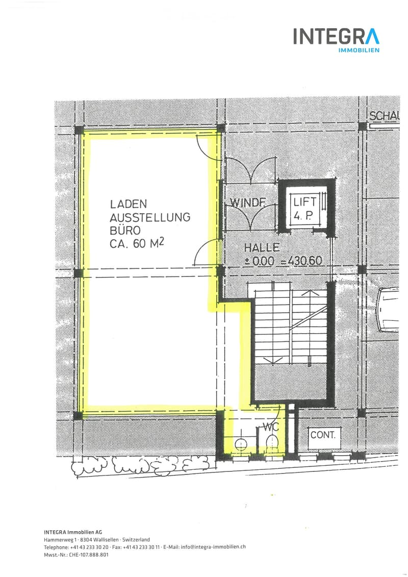 Layout of a single unit in a multi-unit building with a layout that includes a hall, a separate toilet, and an entrance for the elevator. The unit has a total area of 60 square meters, but the dimensions of the rooms are not explicitly stated.