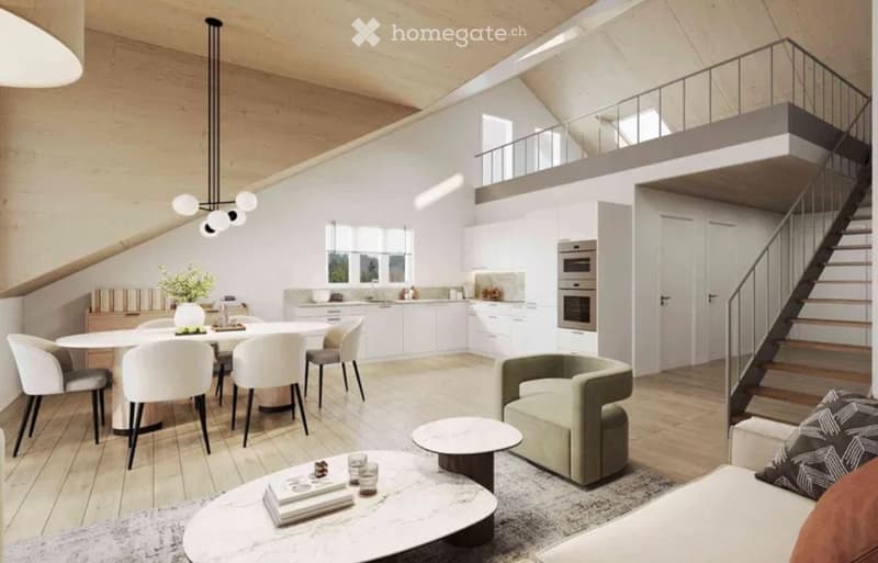Open-plan living and dining area with modern furniture, including a sofa, coffee table, dining table with chairs, armchair, and kitchen area with cabinets and oven. The space features wooden flooring, white walls, and a staircase leading to an upper level