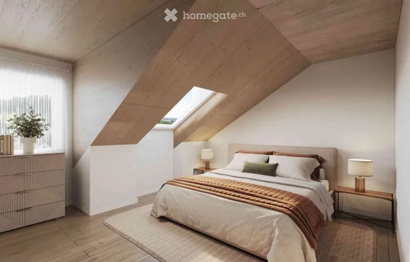 Modern bedroom with wooden slanted ceiling, skylight window, bed with pillows and blanket, nightstands with lamps, dresser with plant, and area rug.
