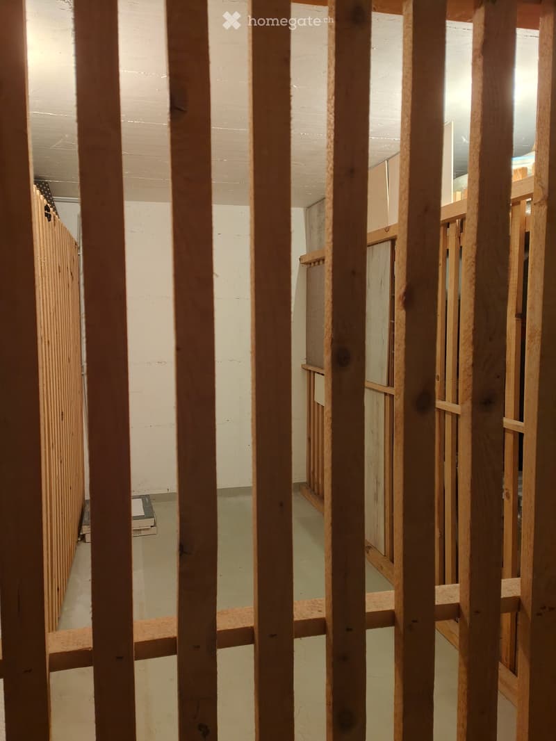 Empty room viewed through wooden bars, showing unfinished walls and floor, with no furniture or equipment.