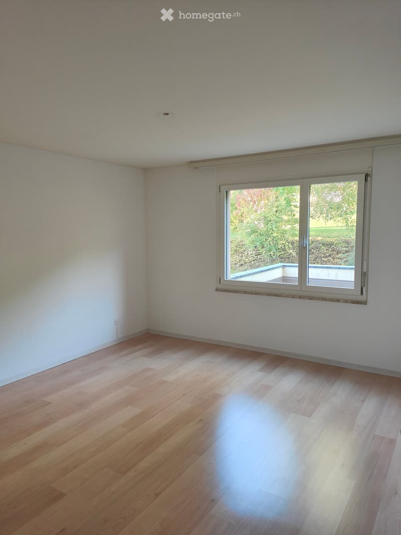 Empty room with light wooden flooring, white walls, and a large window with a view of greenery outside.