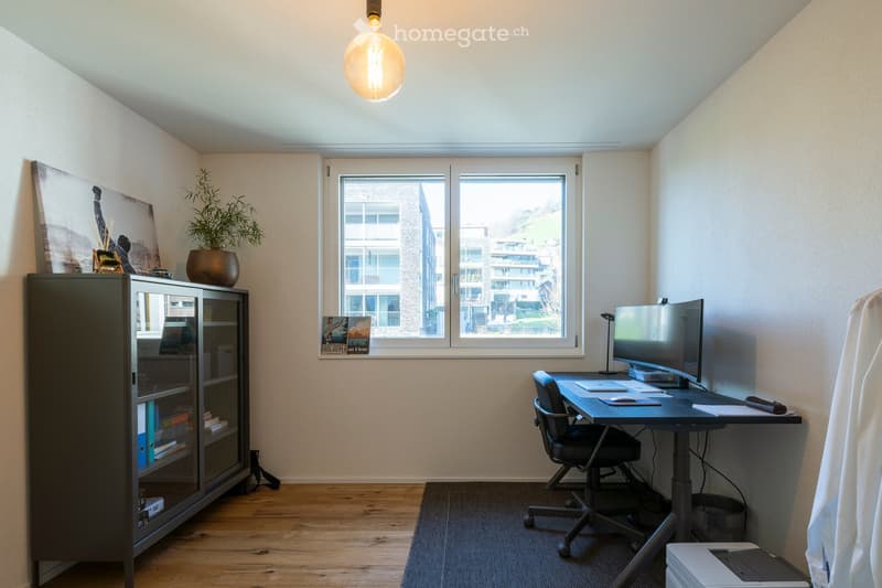 A modern, well-lit room with a wooden floor, large window, desk with a computer, office chair, cabinet, and a potted plant.