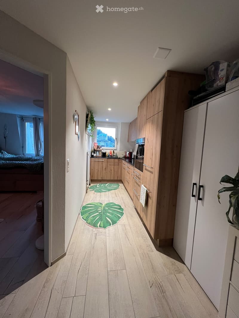 Narrow hallway with light wooden flooring, white walls, and recessed lighting. Features a small kitchen area with wooden cabinets and a countertop, visible through an open doorway. Green leaf-shaped rugs are placed on the floor.