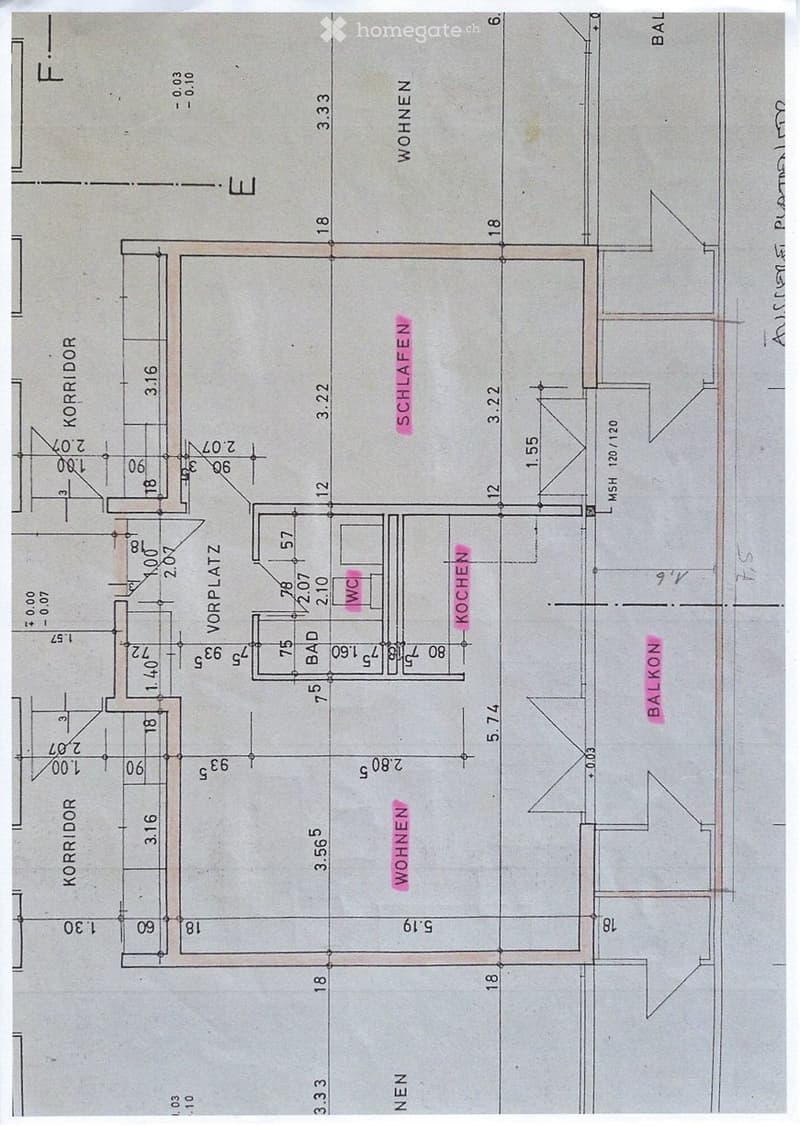 Floor plan showing a living area, kitchen, bedroom, bathroom, hallway, and balcony.