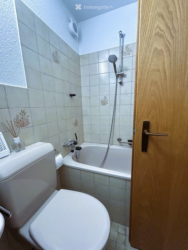 A small bathroom with a toilet, bathtub, and showerhead. The walls are tiled with light grey tiles and decorative floral patterns. A wooden door is partially open, revealing the space.